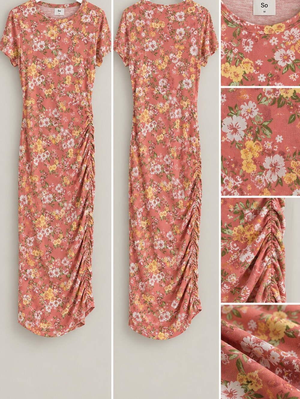 SO Floral Ruched-Side Maxi Dress in Coral with Yellow & White Blooms